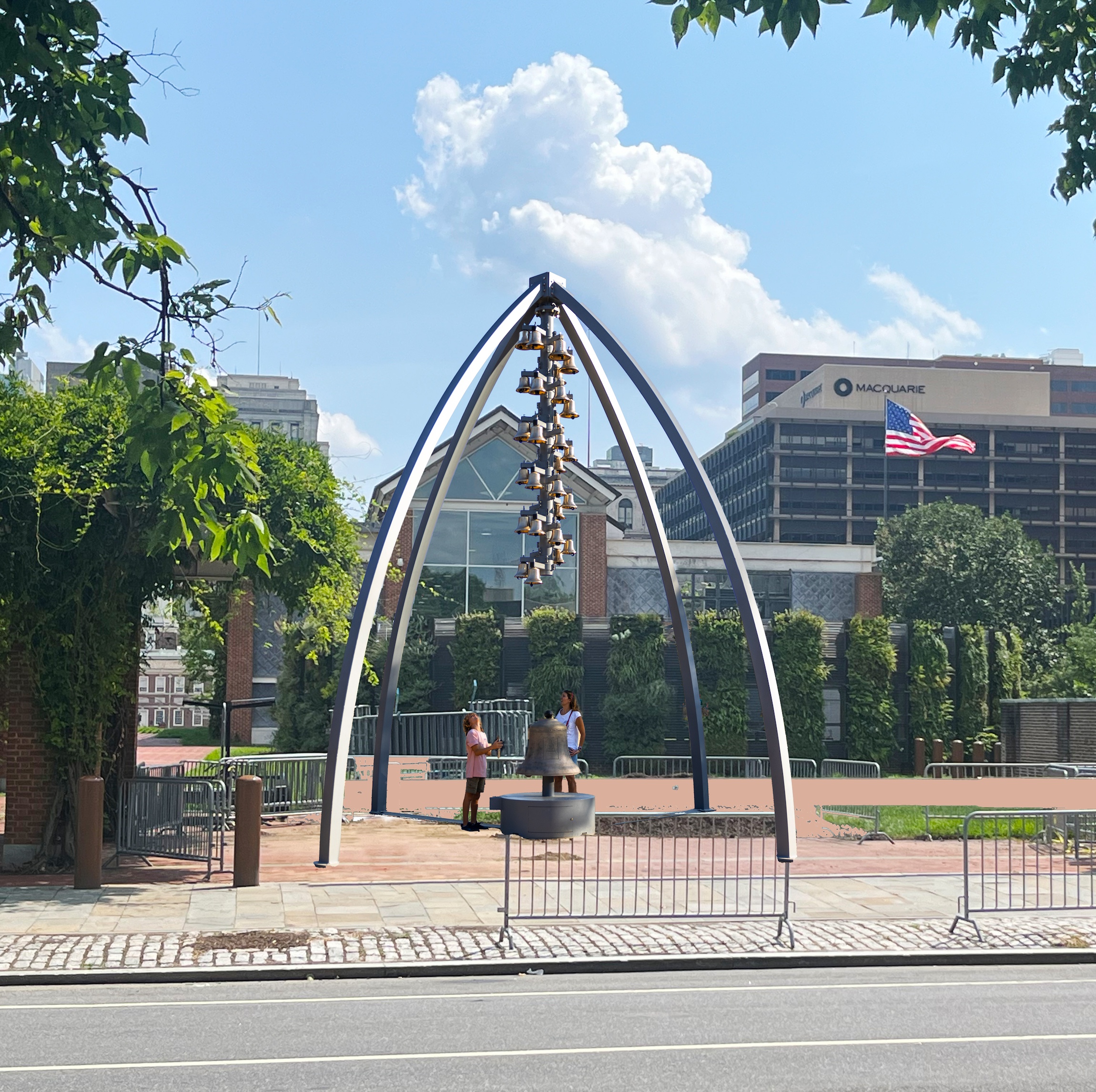 Digital rendering of a monumental bell tower with 32 bells installed in Old City, Philadelphia.