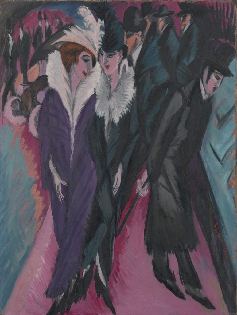 Oil on painting from 1913 depicting busy street scene in Berlin