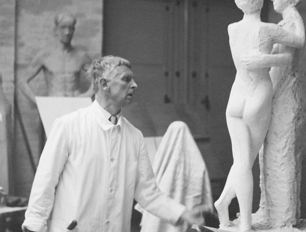 undated black and white photo of Gerhard Marcks working in his studio