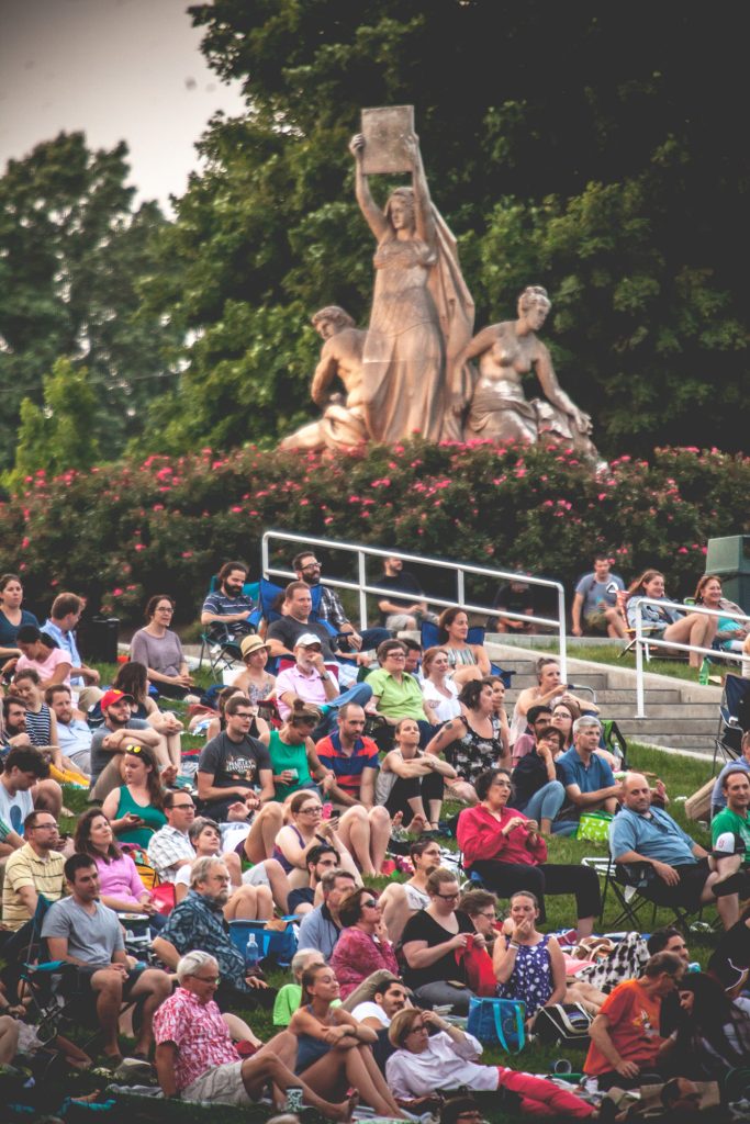 The Law, Prosperity and Power sculpture on the Mann Center grounds during an outdoor concert happening