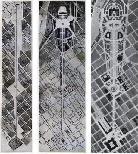 Left to Right: 1.) The Parkway as placed on the City Plan, April 9, 1906 2.) The Parkway as shown on a plan made by Trumbauer, Zantzinger and Cret for the Fairmount Park Art Association, December 9, 1907 3.) The Parkway as shown on the plan made by Jacques Gréber for the Commissioners of Fairmoun Park in 1917